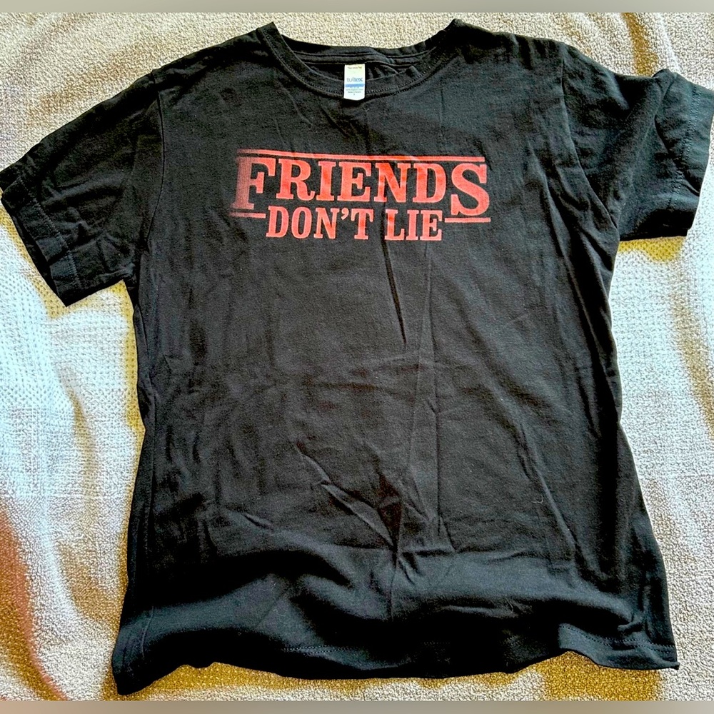 Stranger Things’ “Friends Don’t Lie,”  Distressed Black/Red Graphic Tee